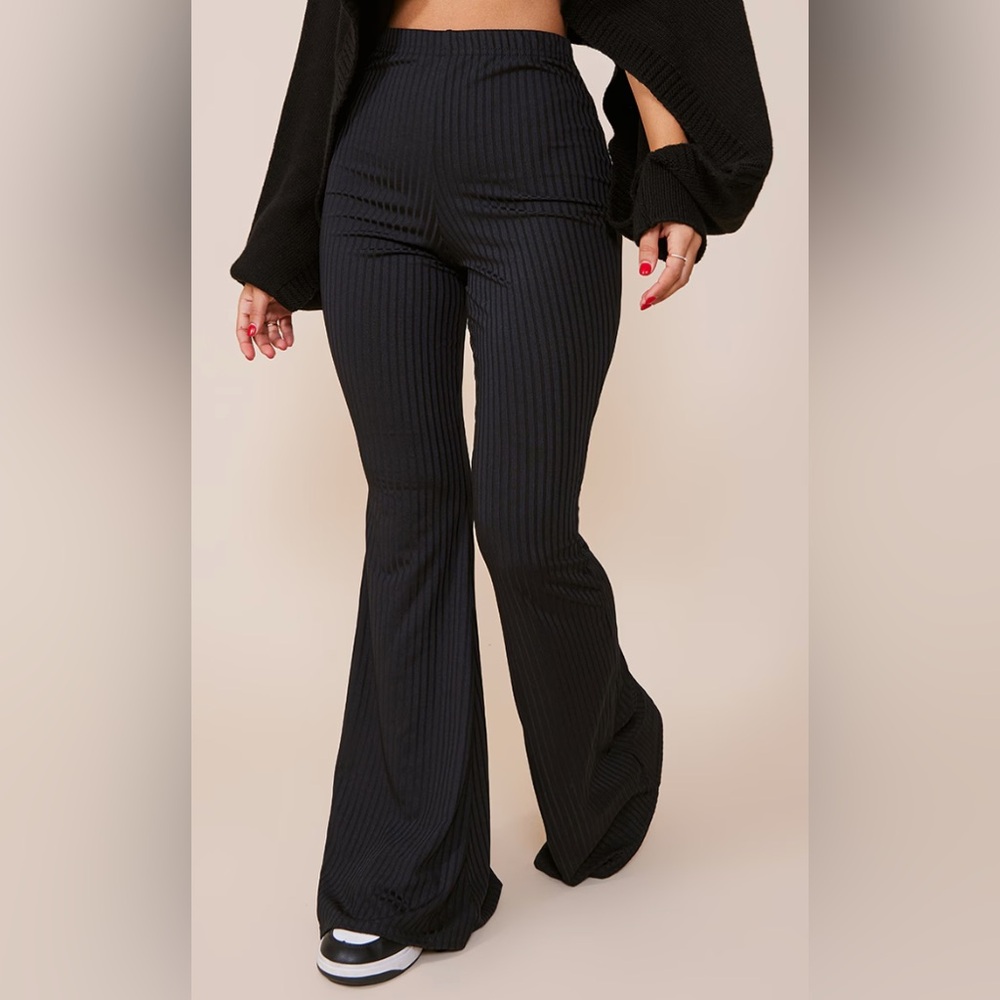 Petite Black Flare Ribbed Pants - NEW - Picture 2 of 5